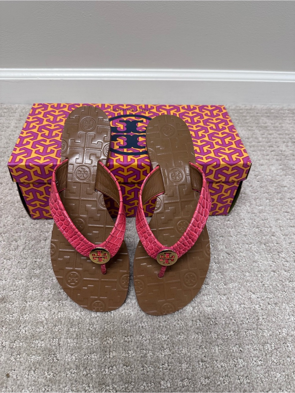 Tory Burch Pink Braided Leather Logo Thong Sandals